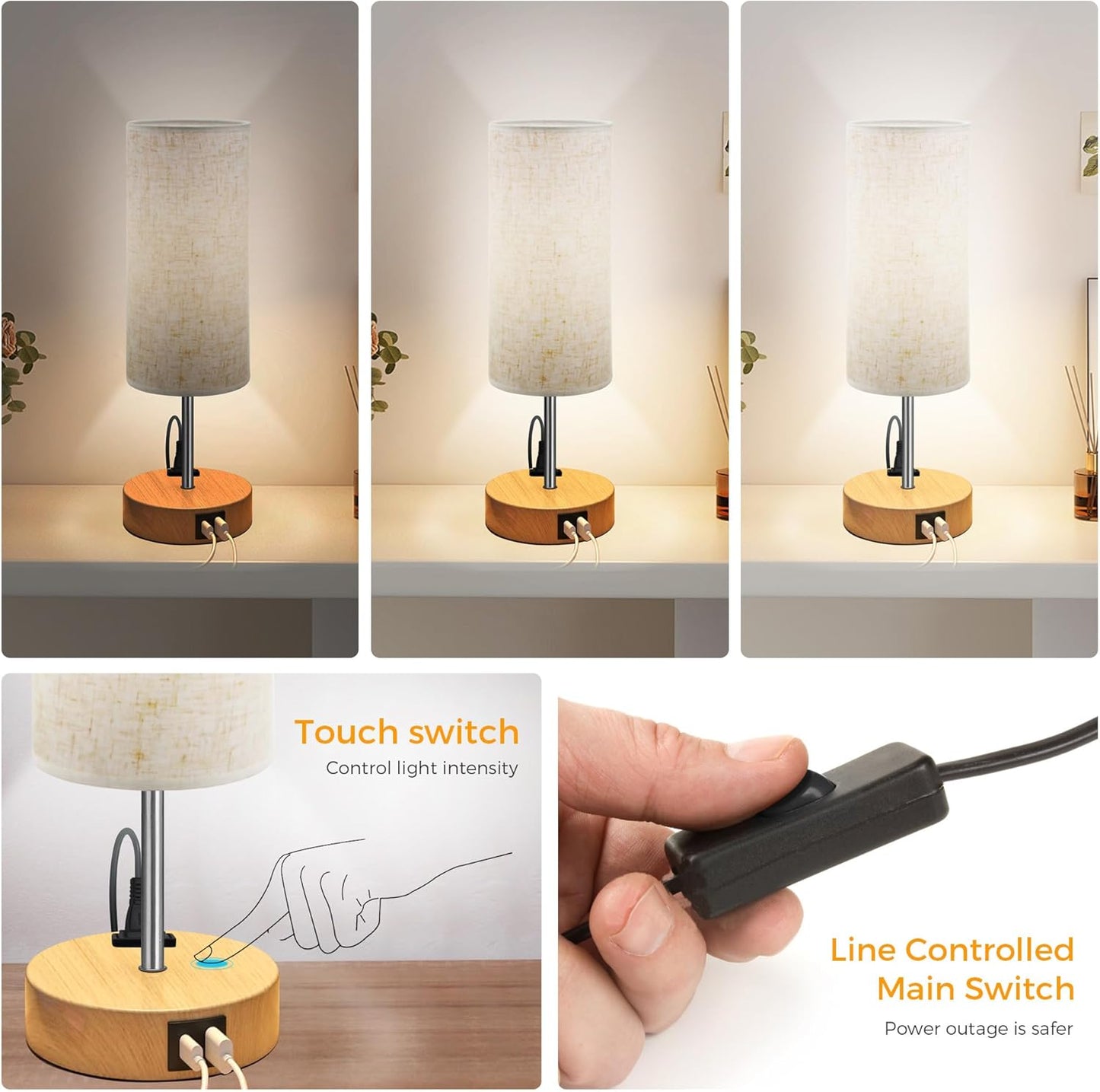 Touch Control Table Lamp for Bedroom, Bedside Lamp with USB Charging Port & AC Outlet, 3 Brightness Levels Adjustable, Nightstand Light