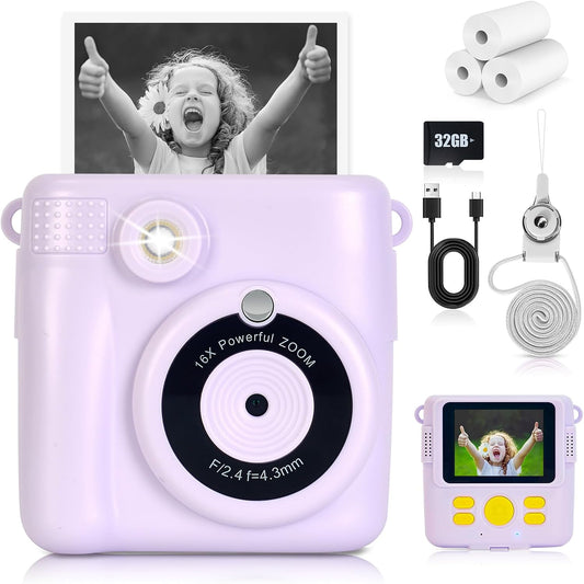Instant Print Camera for Kids - 2.4 Inch Kids Camera Instant Print with Paper & 32G Card- Digital Children Toys as Christams Birthday Gifts for Girls Boys Age 3-12 - Purple