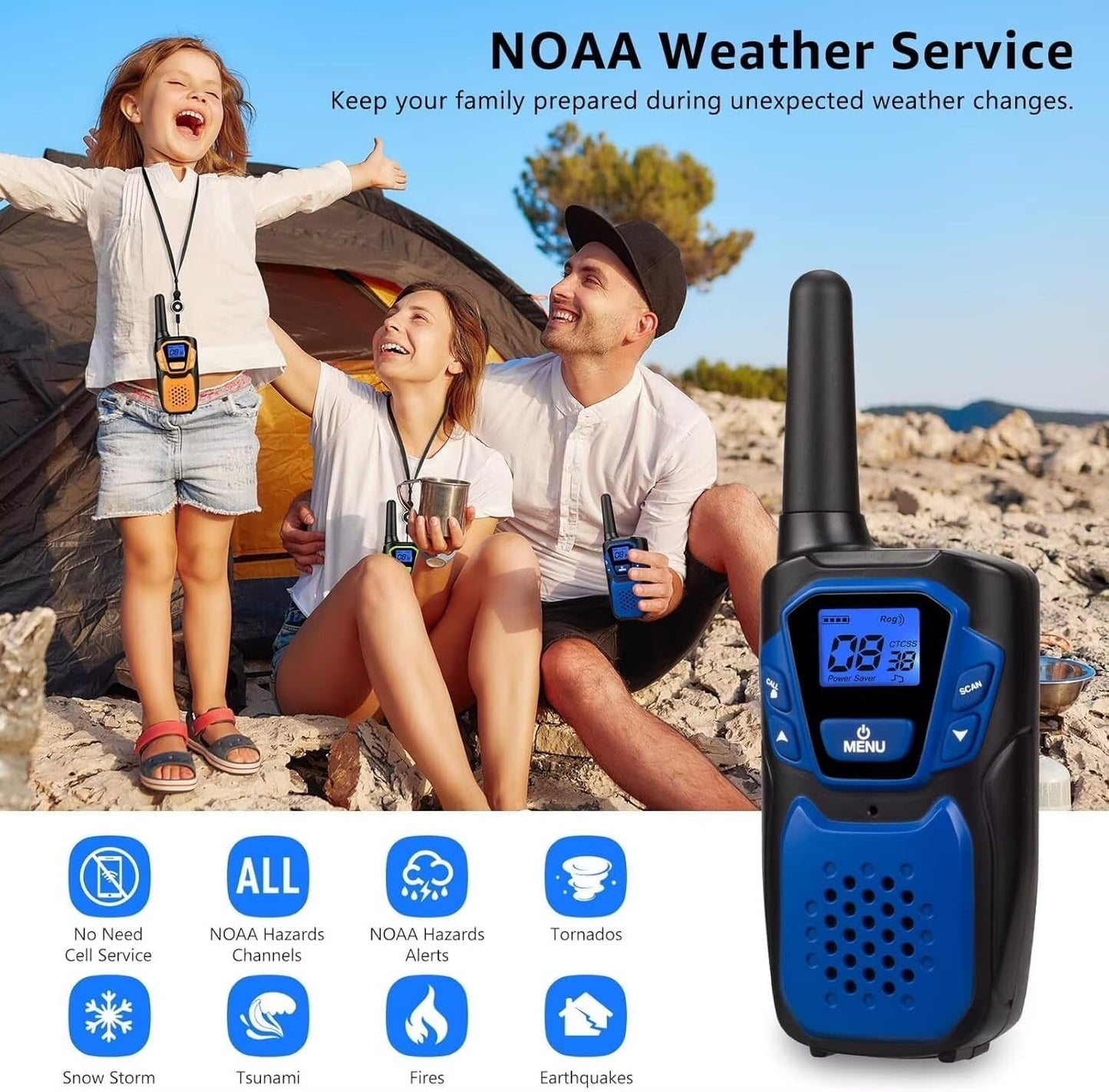 Walkie-Talkies for Kids Rechargeable Walkie Talkie for Adults Long Range FRS 2 Way Radio 3 Pack with Lanyard Battery 4 Miles NOAA USB, Family Toys for 3-12 Year Old Girls Boys Toddlers Camping