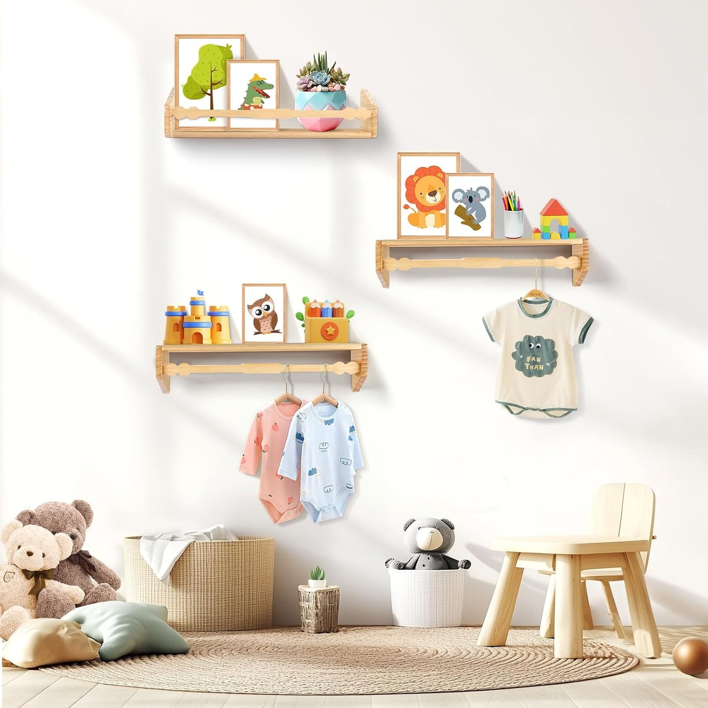 comfoyar Nursery Book Shelves Set of 3, 15.7 Inch Solid Pine Floating Shelves for Wall, Hanging Bookshelf for Kids Boys Girls Baby, Decoration for Bedroom Kitchen Bathroom Playroom, Natural