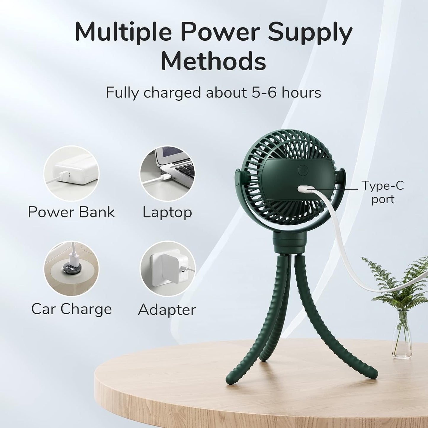 JISULIFE Portable Stroller Fan 4000mAh Battery Operated with 4 Speeds, USB Rechargeable Mini Fan with 360°Rotatable Flexible Tripod for Handheld/Desk/Car Seat/Treadmill/Travel -Alpine Green