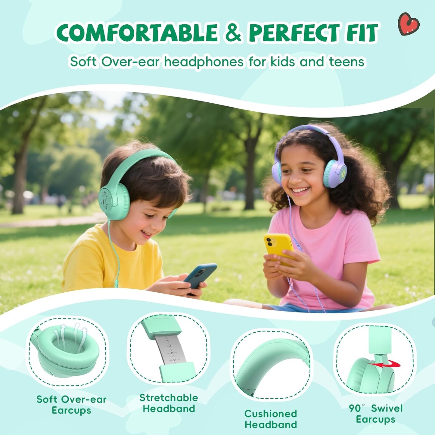 Kids Headphones Wired for School, 85/94dB Volume Limit Toddler Headphones with Microphone, Wired Cute Dinosaur for Boys Girls, Stereo Sound 3.5mm Plug for Kindle Tablet School, Green