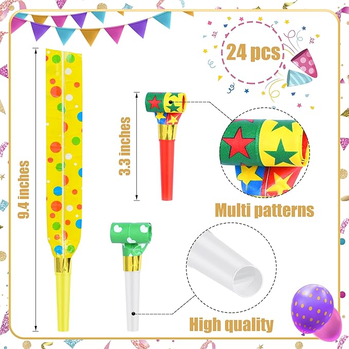 24 Pcs Party Blower Colorful Blowouts Noisemakers Birthday Blowouts Whistles for Party Favors(Colorful Paper Roll)