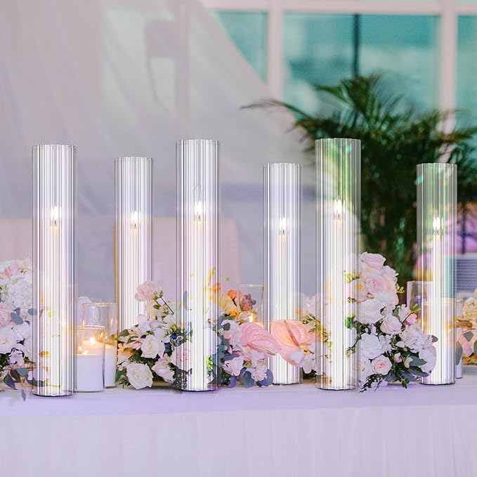 12 Pcs Hurricane Glass Candle Holders 2.5 x 14 Open Ended Tube Ribbed Shade Bottomless Chimney Cylinder Taper Candle Cover for Wedding Anniversary Table Centerpiece