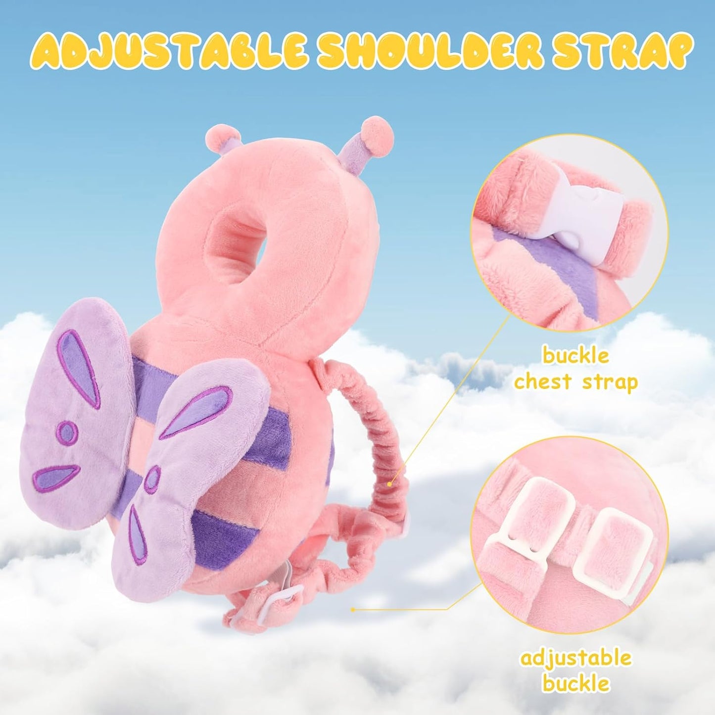 Baby Head Protection Backpack - Soft & Comfortable, Cute Cartoon Design, Pink Butterfly