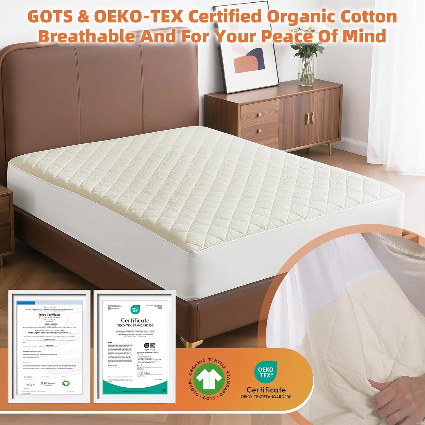 Lofe Organic Cotton Full Mattress Protector - Top&Side 100% Waterproof Mattress Protector, Breathable Organic Mattress Protectors, Noiseless Full Mattress Protectors Waterproof 75x54x17 in