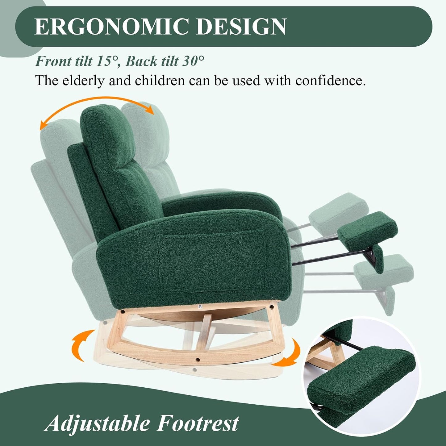 NIOIIKIT Oversized Nursery Rocking Chair, Teddy Upholstered Glider Chair with Footrest, Large Glider Rocker with Side Pocket, Rocking Accent Chair, Glider Recliner for Living Room (Green Teddy)