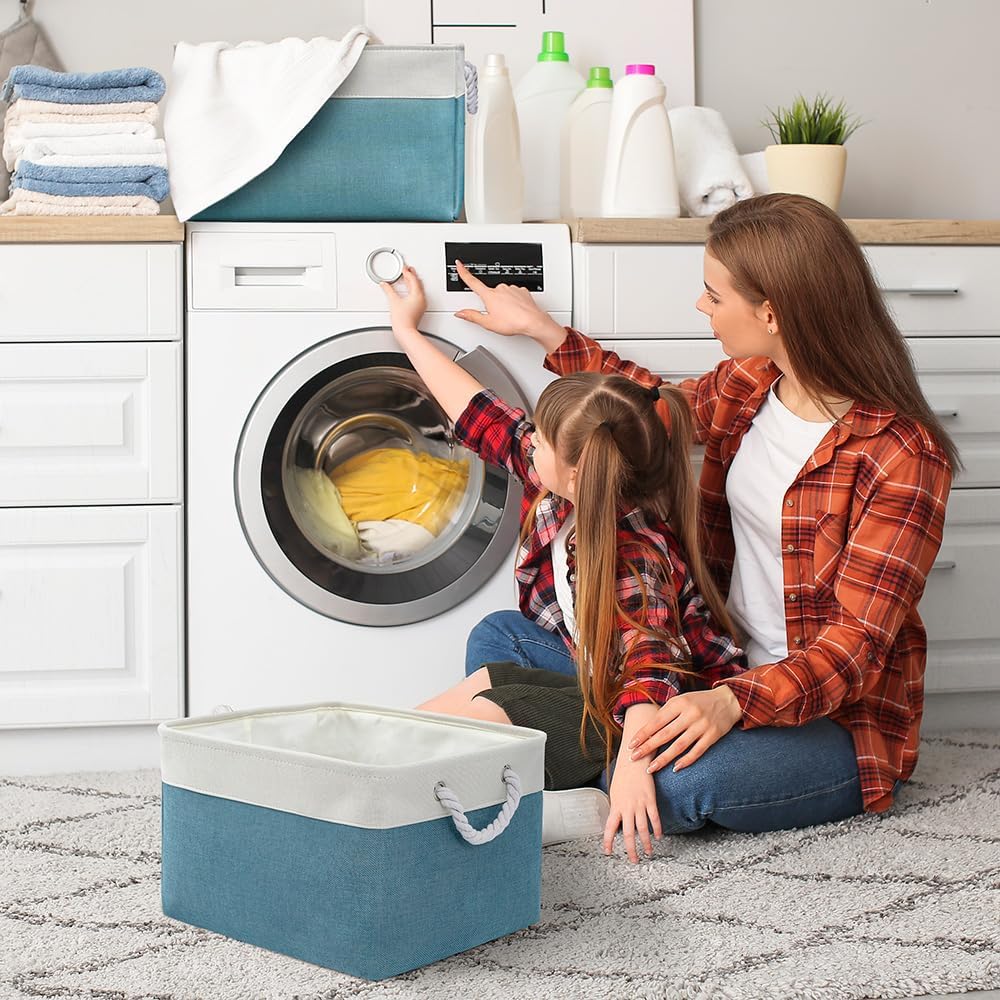 Storage Basket for Organizing - 17X15X12 inch 2 Pack Canvas Storage Bin for Shelves, Fabric Storage Cubes for Cloth Decorative Books Nursery (White & Green)