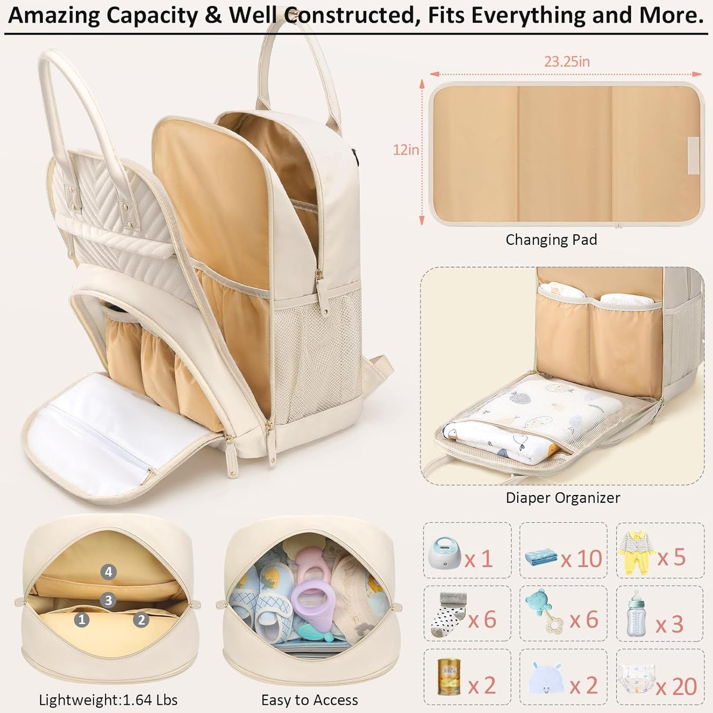 Diaper Bag Backpack for Women with Changing Pad, Baby Bag with Insulated Pockets Multifunctional Diaper Bags For Baby Girl Boy Waterproof Baby Bags For Boys Girls Maternity Bag Beige