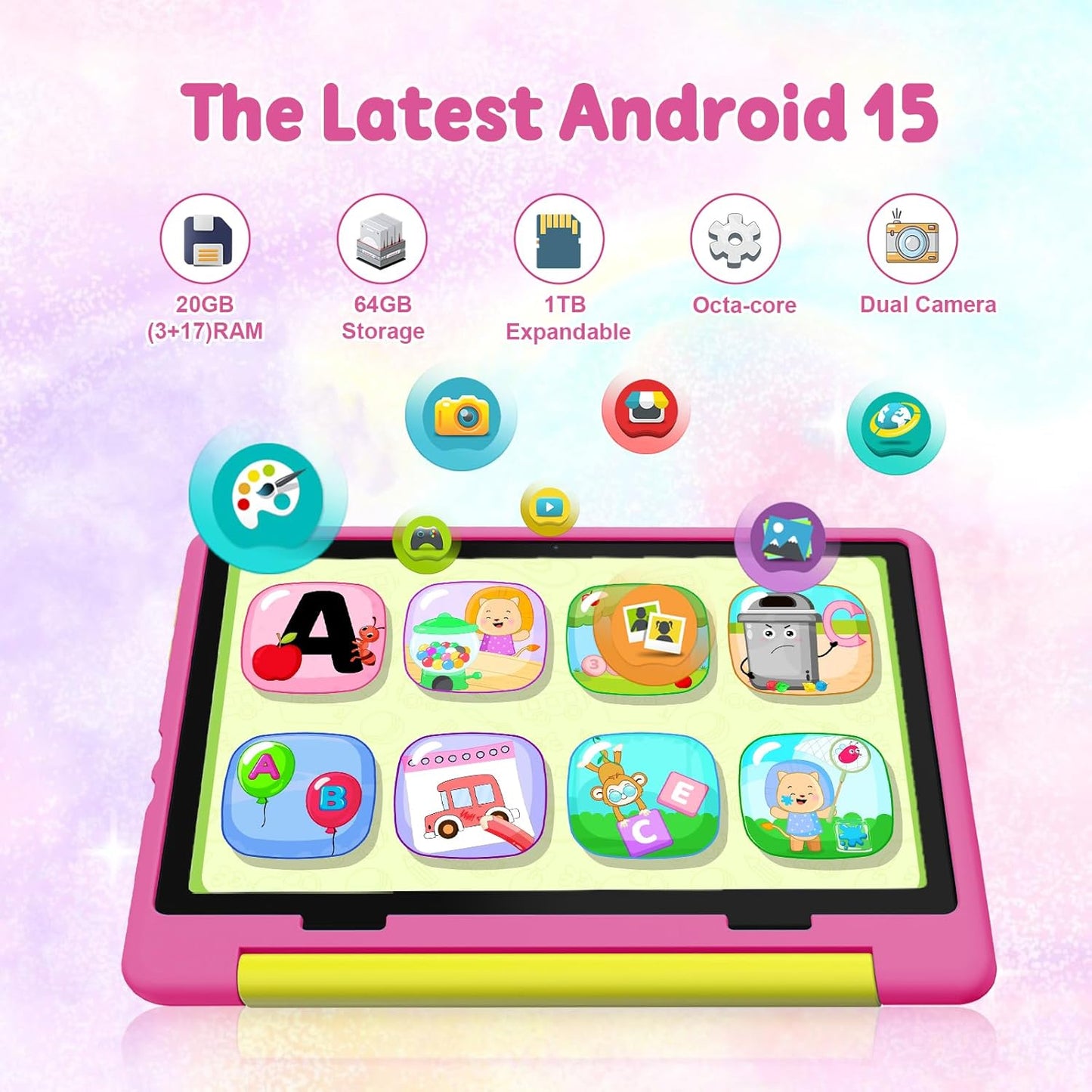 Kids Tablet,Android 15 Tablet with HD Display,10.1 inch,Parental Control & Kids Mode, Octa-Core, GMS Certified,20GB RAM 64GB ROM,1TB Expandable, 5000mAh Battery, Dual Camera, Protective Case,Pink