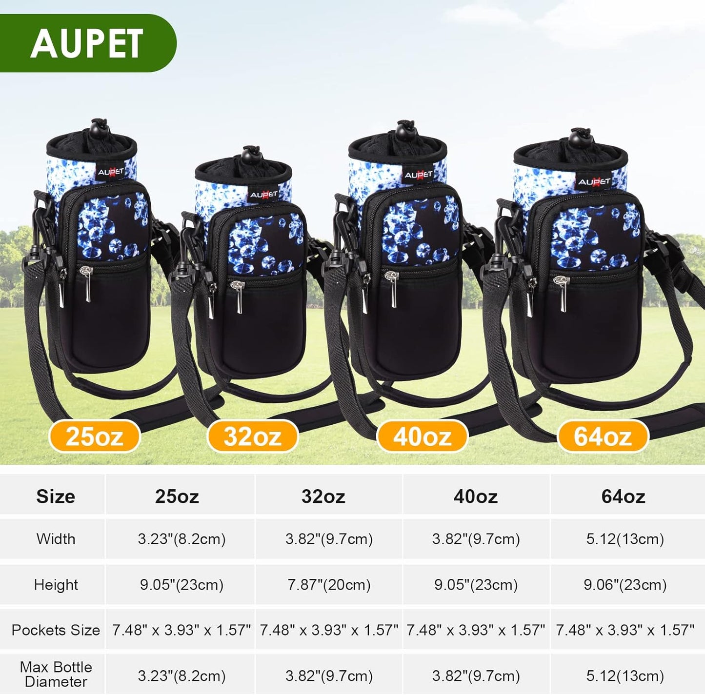 AUPET Water Bottle Sling Bag Sleeve Holder Carrier 25/32/40/64 oz,Insulated Crossbody Water Bottle Case Cover with Strap and Pockets for Men/Women Walking Hiking