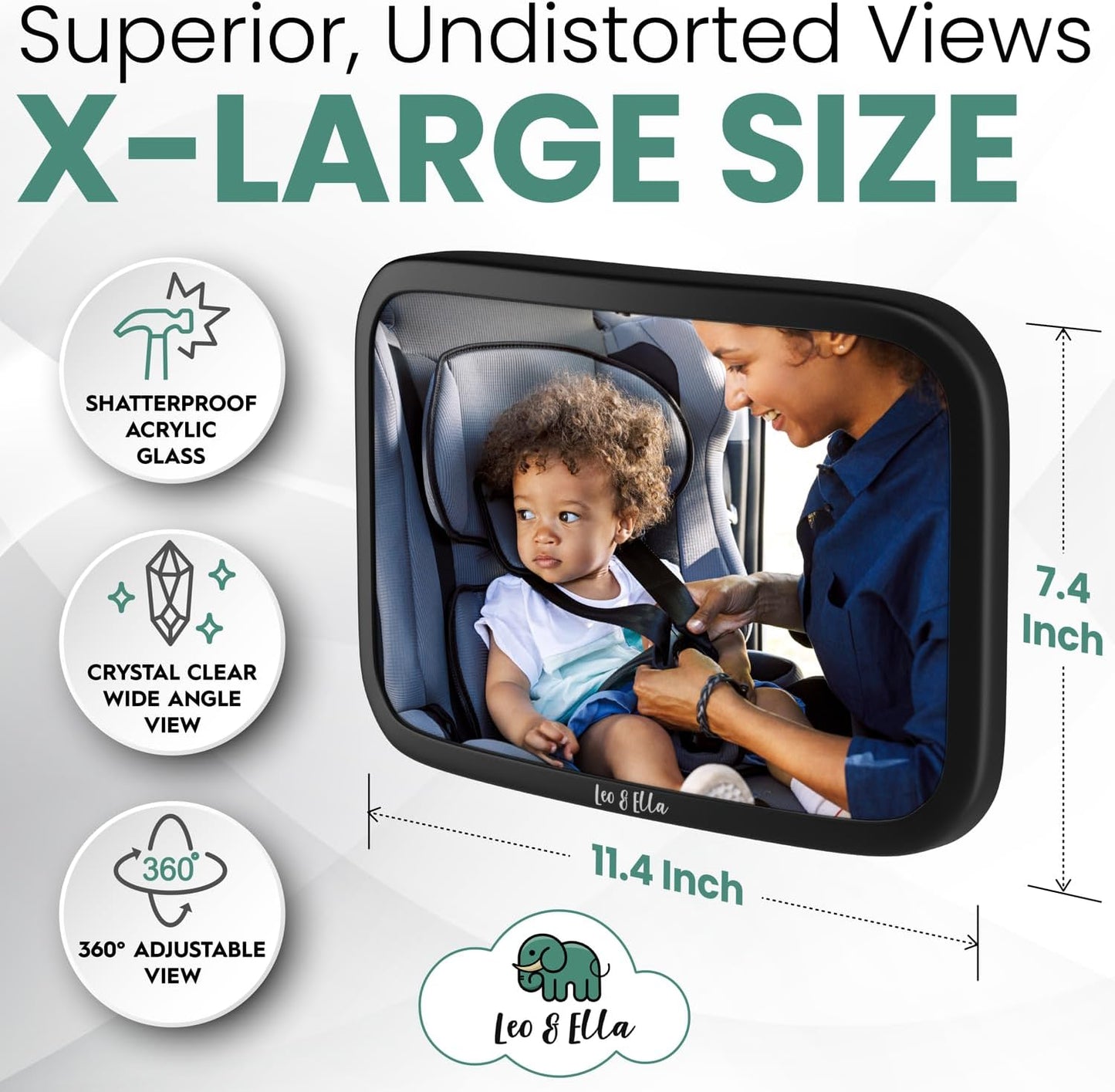 Leo and Ella - Baby Car Mirror - Extra Large & Ultra Clear Infant View, Crash Tested Shatterproof Design w/ 360° Adjustable Mount, Premium Car Mirror For Baby