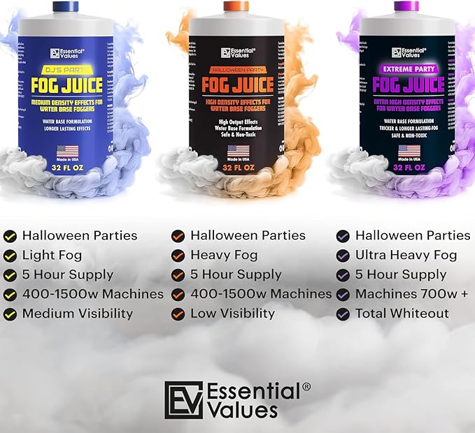 Essential Values Fog Machine Liquid - Long-Lasting Fog Juice for Smoke Machine Extreme High-Density, 32oz/Quart – Manufactured in USA – Water Based Foggers 700+ Watt Machines