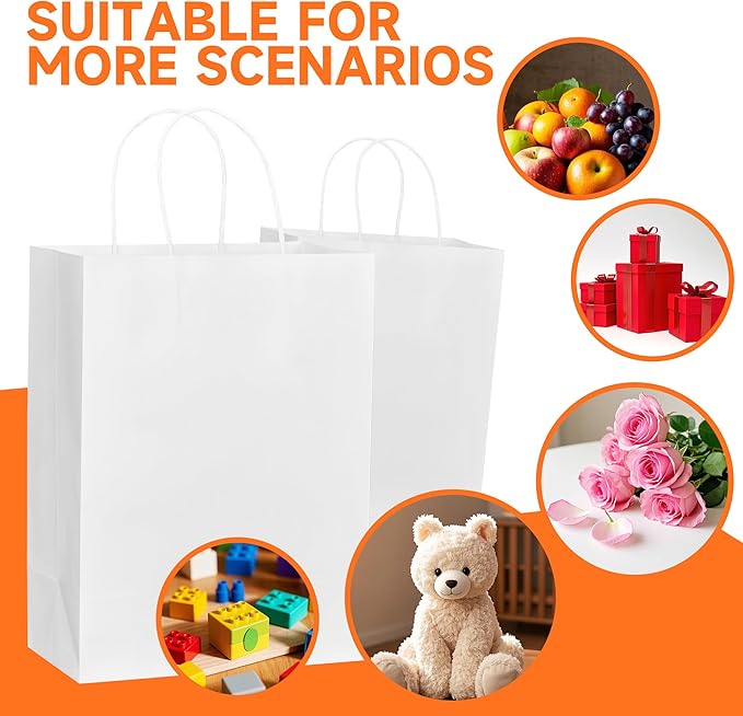 METAPRINT 50 Pack Small Gift Bags 5.8x3.2x8.25 Inch White Paper Bags with Handles Bulk, Kraft Paper Bags for Party favor, Retail, Grocery Sacks