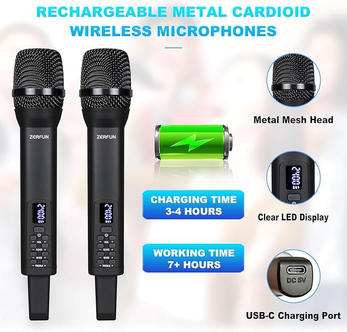 4 Rechargeable Wireless Microphones, Pro Handheld Cordless Mics System with Echo Treble BASS VOL Control for Karaoke Singing Church Party, 1/4'' Output, Black
