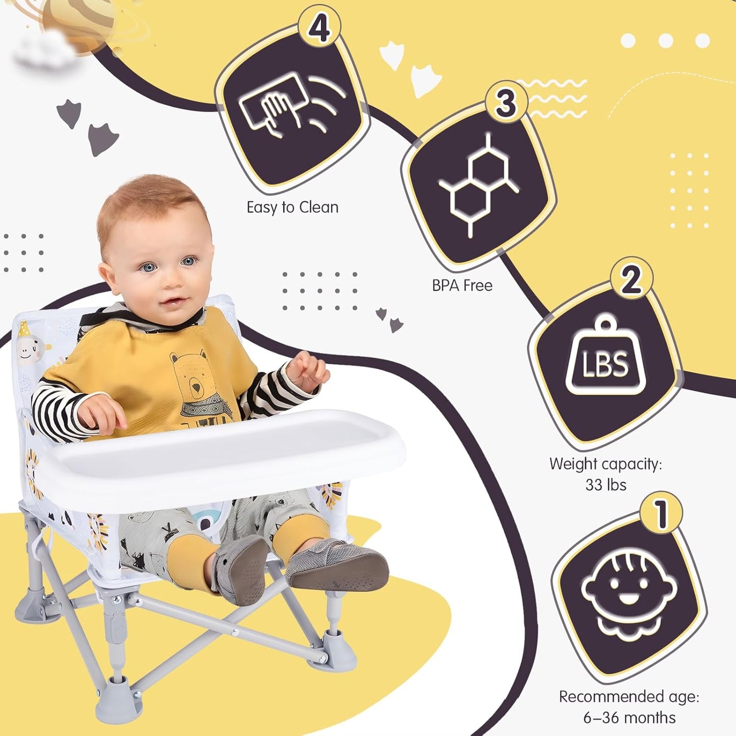 Portable Baby Booster Seat with Tray, Toddler Booster seat for Dining, Camping, Travel, Baby Beach Chair 6 Months to 3 Years Old Indoor Outdoor Use CH2407