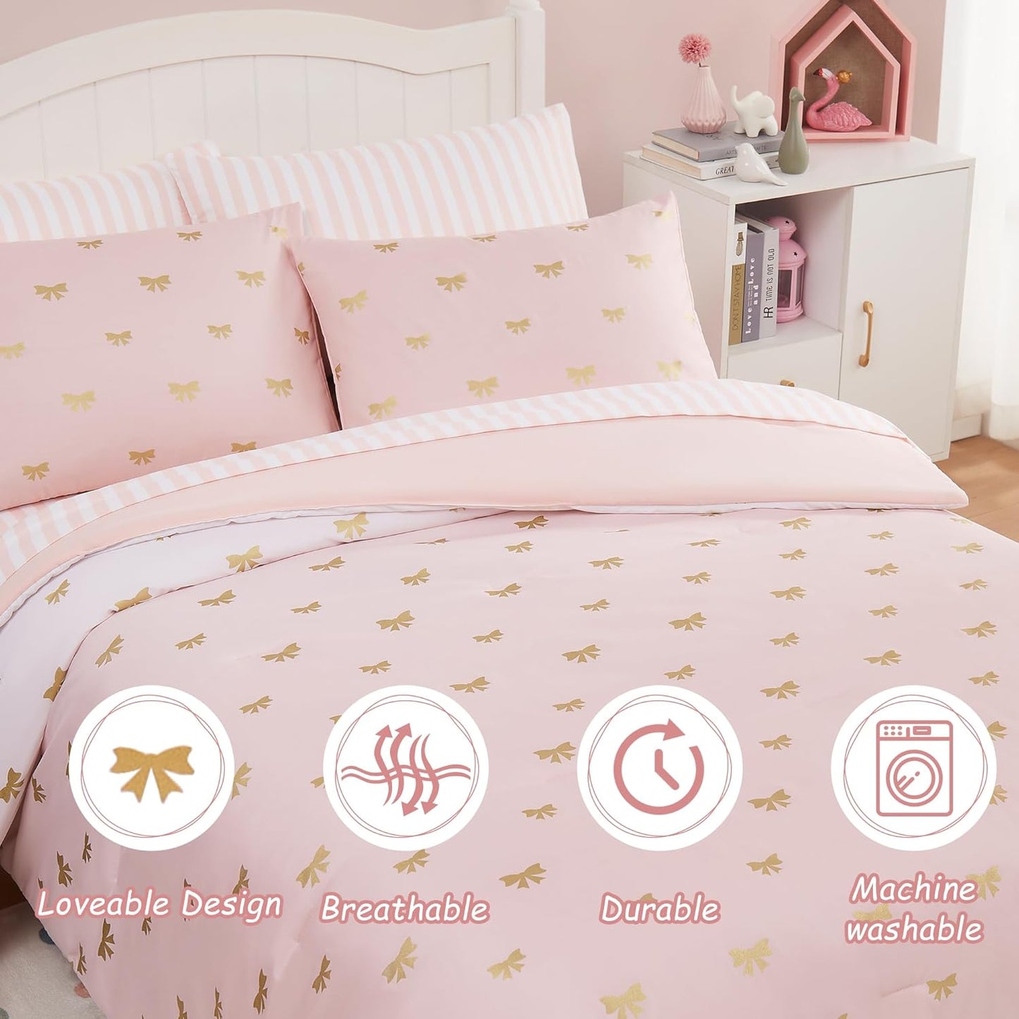 Twin Comforter Set with Sheets for Girls-5 Pieces Twin Bedding Sets with Pink Comforter, Sheets, Pillowcase & Sham for Kids (Pink Gold Bow, 66" X 86")