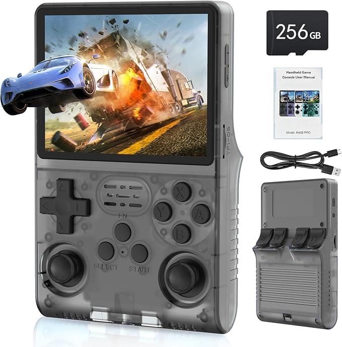 FVBADE[30000 in 1] R40S PRO Handheld Game Console 3.5 inch IPS Screen Mini Retro Console 3800mAh Portable Pocket Arcade 45+ Mainstream Emulator 256G TF Card Transparent.(Black)