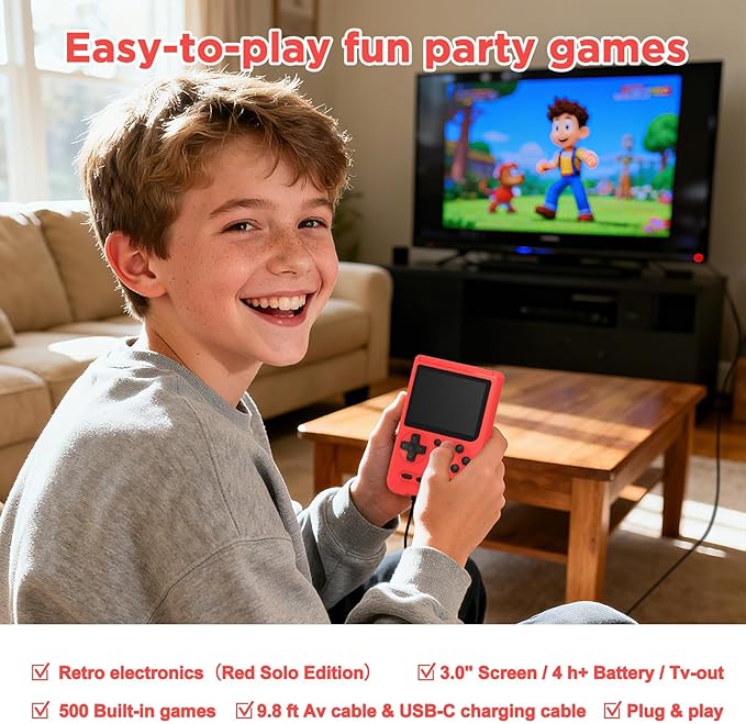 Retro Handheld Game Console, 3-inch Portable Game Console with 500 Built-in Classic Games, 1200mAh Rechargeable Battery,Plug & Play Video Games, Suitable for Adults - Red