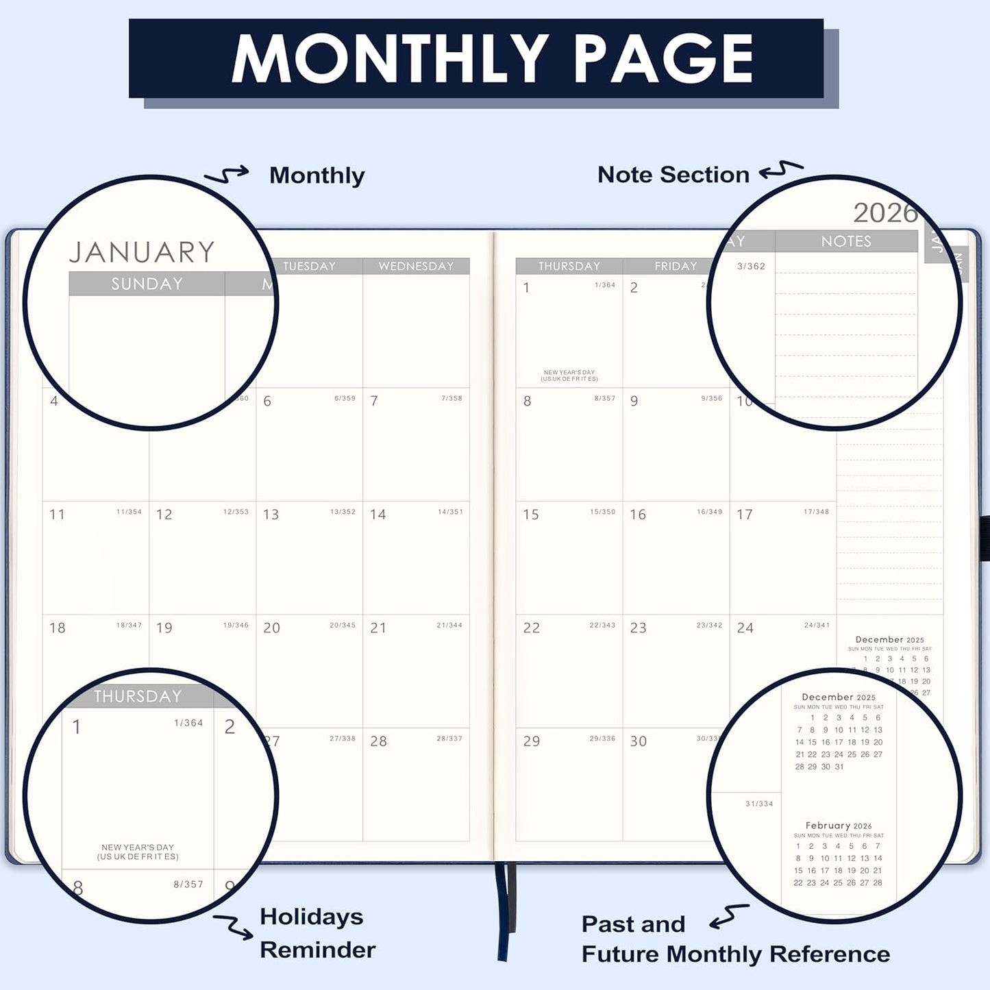 2026 Planner - Weekly and Monthly Planner 2026, JAN 2026 - DEC 2026, 8.5" x 11", Leather Cover 2026 Planners with Thick Paper, Back Pocket with Notes Pages - Blue