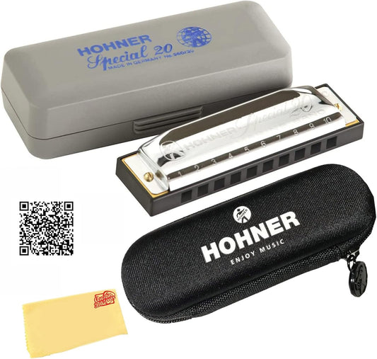 Hohner Special 20 Harmonica - Key of F Sharp Bundle with Case, Pouch, Online Manual, and Austin Bazaar Polishing Cloth