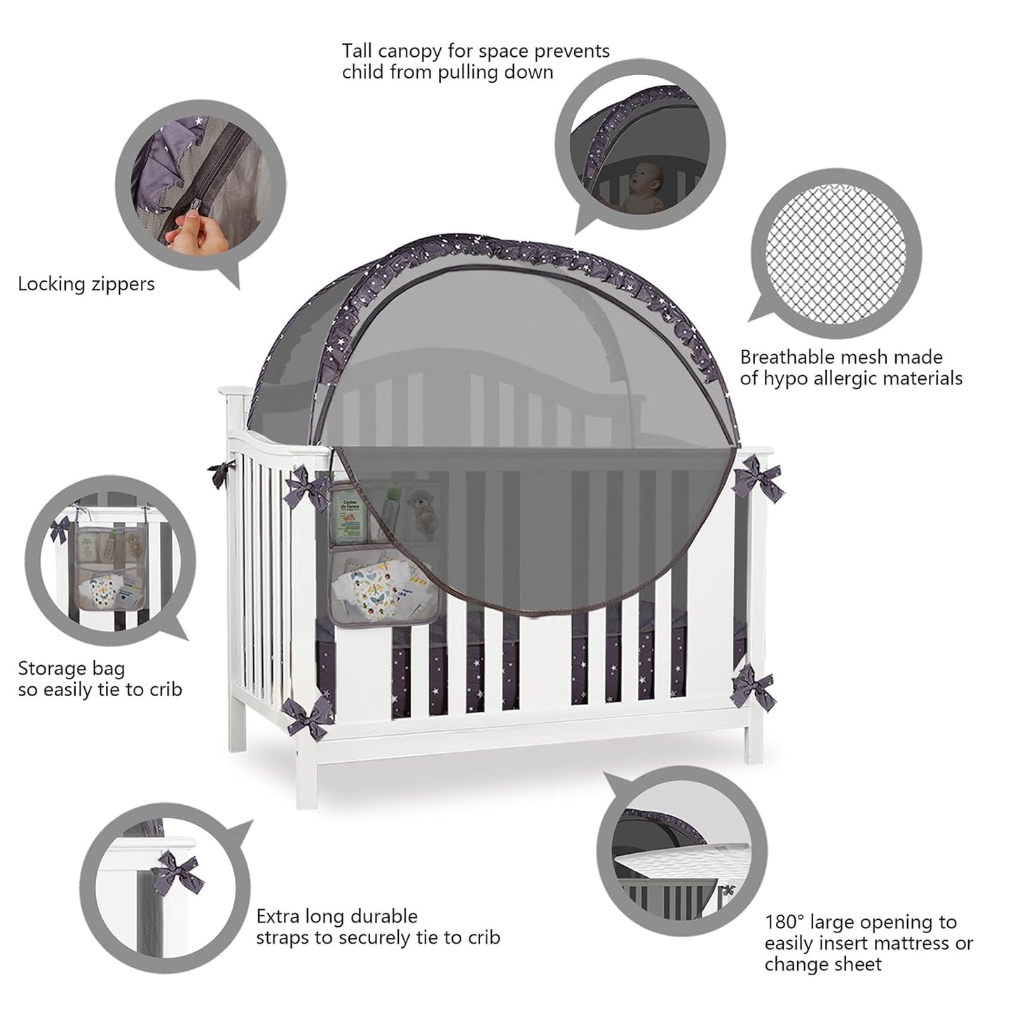 Baby Safety Crib Tent Infant Pop up Mosquito Net Nursery Bed Canopy Netting Cover - Keep Baby from Climbing Out with Hanging Diaper Storage Bag (Dark Gray)