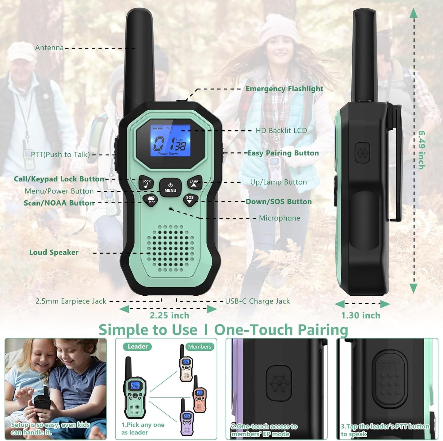 Walkie Talkies for Adults Long Range 2 Way Radios for Kids Rechargeable 4 Pack, Hiking Camping Skiing Cruising Gear with Lamp, USB-C, SOS Siren, NOAA Alert, iVOX Hands-Free, One-Touch Pairing