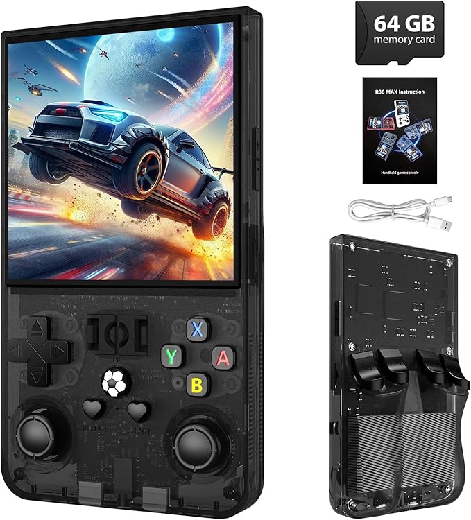 R36MAX Retro Handheld Game Console,64GB Preloaded Classic Video Games,Support 30+ Simulators,Retro Gaming Console with 4.0-in HD IPS Screen, 4000mAh Battery (Black)