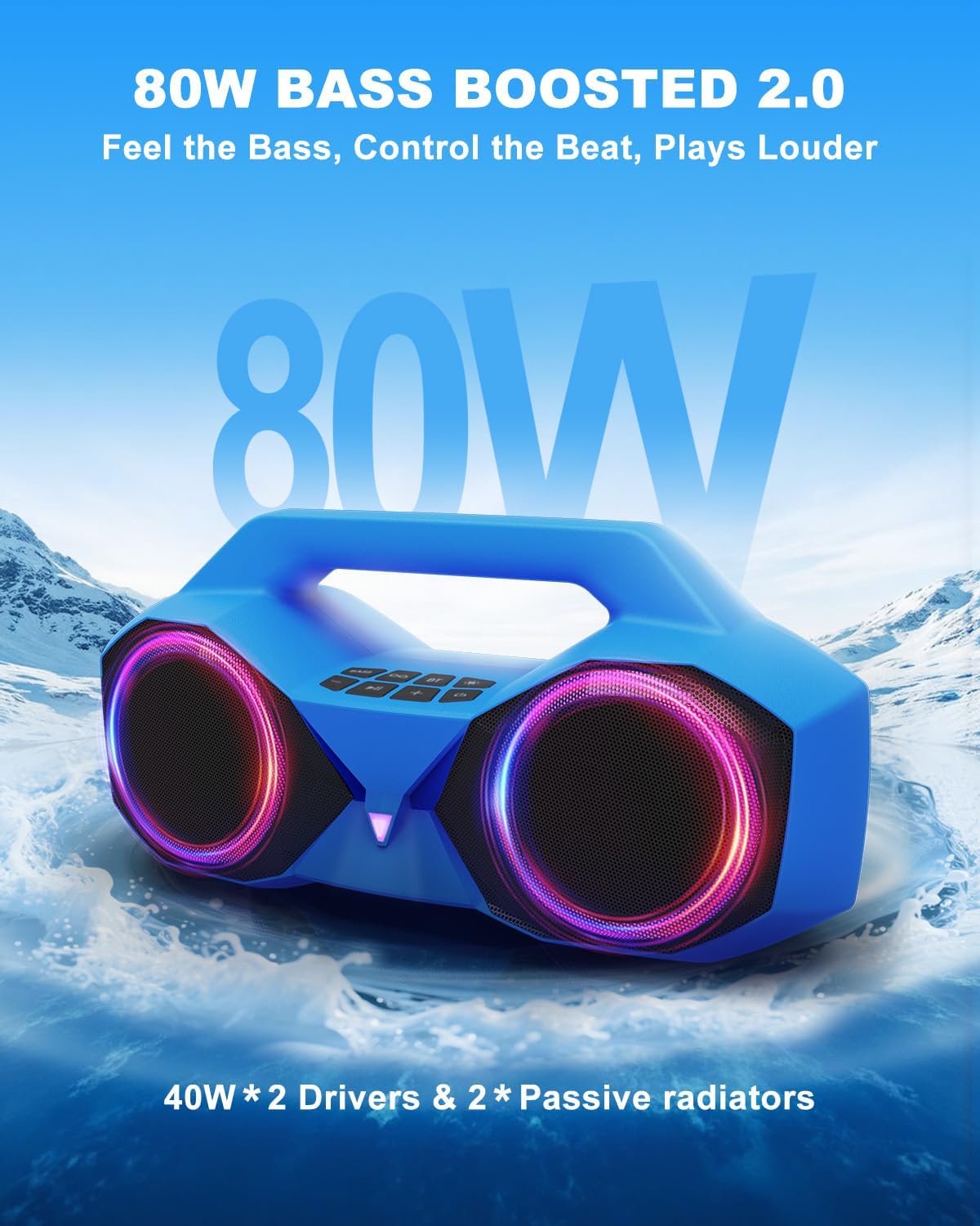 Bluetooth Speaker 80W(Peak)Loud with Bass, 20H Playtime, IPX7 Waterproof, RGB Lights, TWS, Large Portable Wireless Speakers for Outdoor, Home, Party, Pool, Beach, Tailgating, Gym, Work, Gifts (Blue)