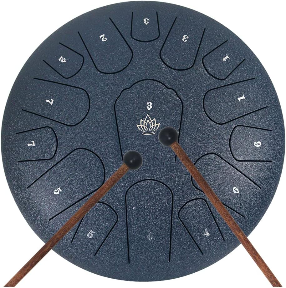 Rain Drum for Outside Garden,Steel Tongue Drum 12 Inches 15 Notes Musical Instruments, Handpan Drum Percussion Instrument, with Soft Bag, Music Book, 2 Mallets, for Meditation or Yoga(Navy Blue)