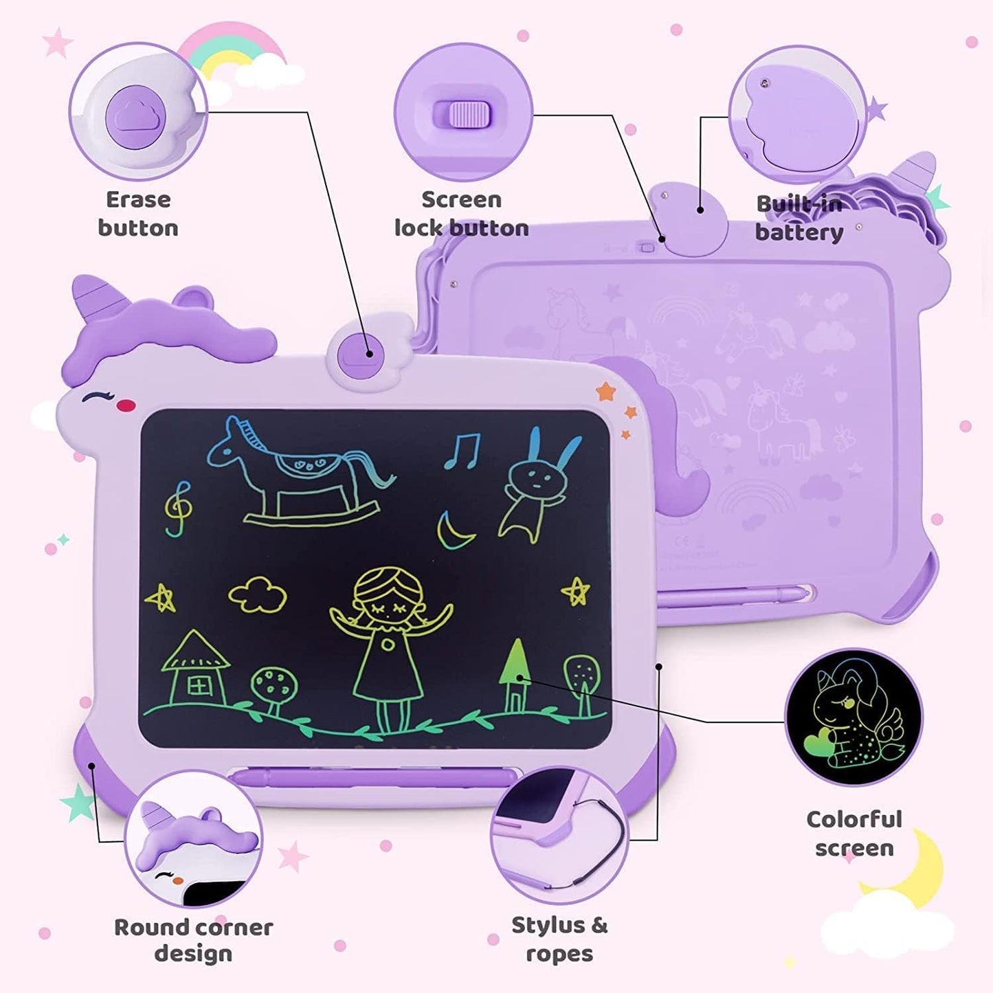 Kikapabi LCD Writing Tablet for Kids, Unicorn Toys Gifts for 3 4 5 6 7 Year Old Girls, Colorful Drawing Doodle Board, Toddler Educational Travel Toys Christmas Birthday Purple