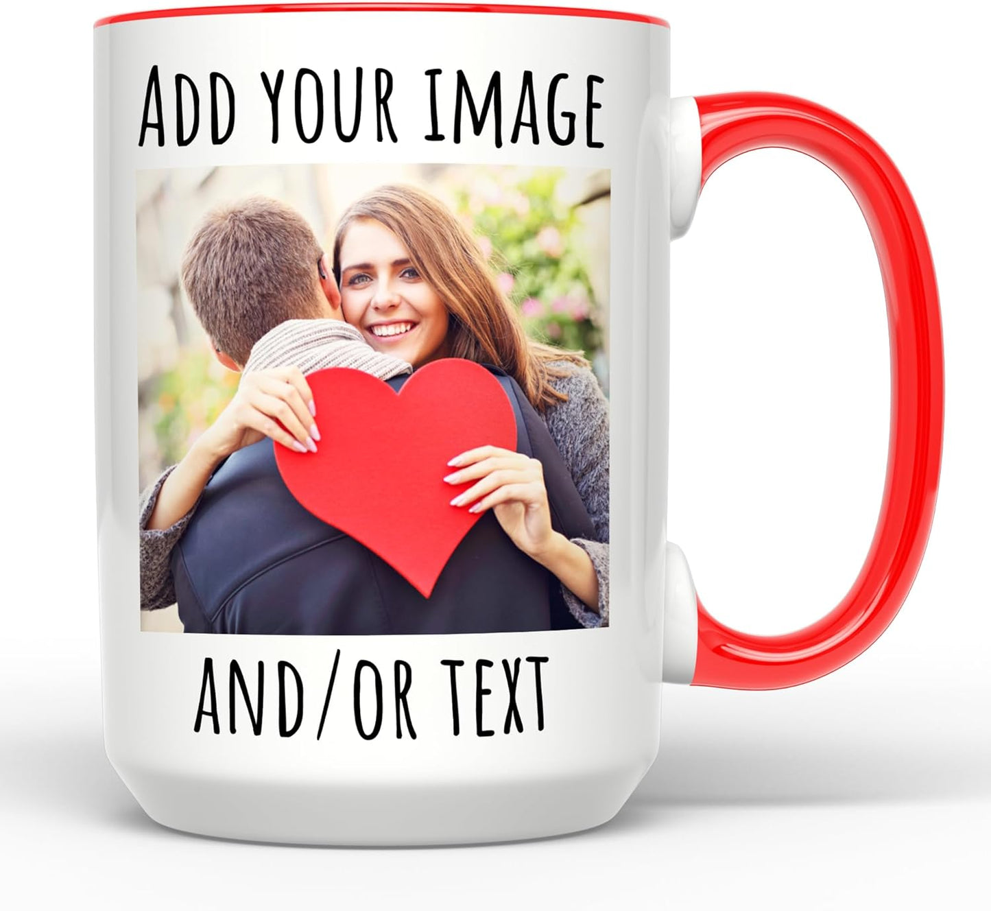 Personalized Coffee Mug 15 Oz, Custom Picture Text or Logo Ceramic Mug, Customized Gift for Men & Women, Taza Personalizada with Photo and Words, Customizable Large Tea Cup | White - Red