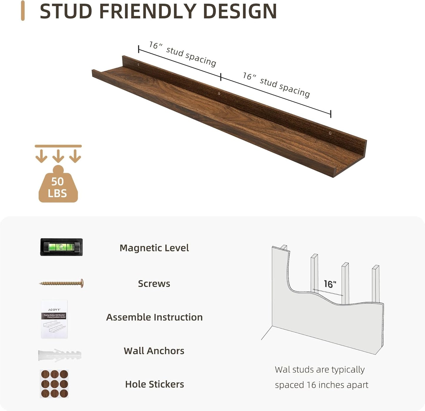 Picture Ledge Shelf, Wood Floating Shelves Set of 2, 36 inch Picture Ledge Shelves, Photo Ledge Nursery Book Shelves Wall Mounted for Living Room Kids' Room Bedroom, Color Walnut