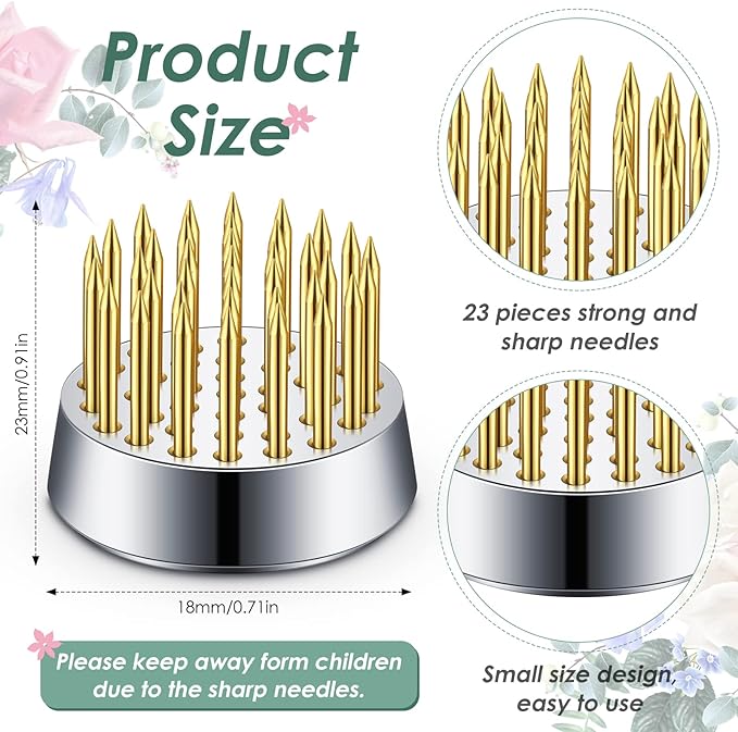 Kritkin 24 Pieces Flower Frogs Holder Mini Floral Round Flower Japanese Arranger Fixed Pin Holder for Arrangements Floral Plant Small Vase Ikebana Decoration Supplies Plant Fixation(0.9 Inch,Gold)
