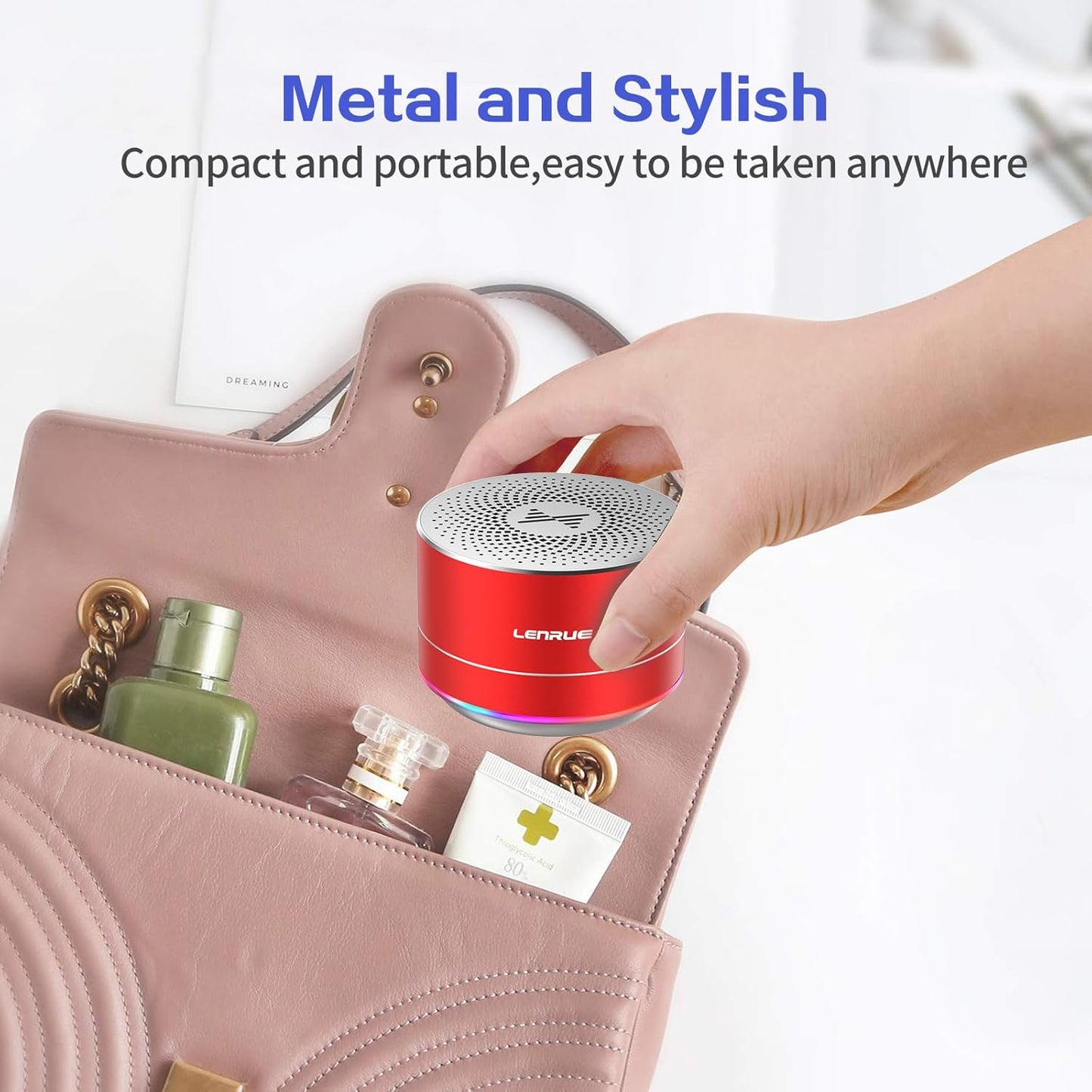LENRUE A2 Portable Wireless Bluetooth Speaker with Lights and Lanyard,5W Mini Small Metal Speakers Bluetooth 5.0/Aux-in for iPhone Android Home Outdoor,Gift for Women/Girls