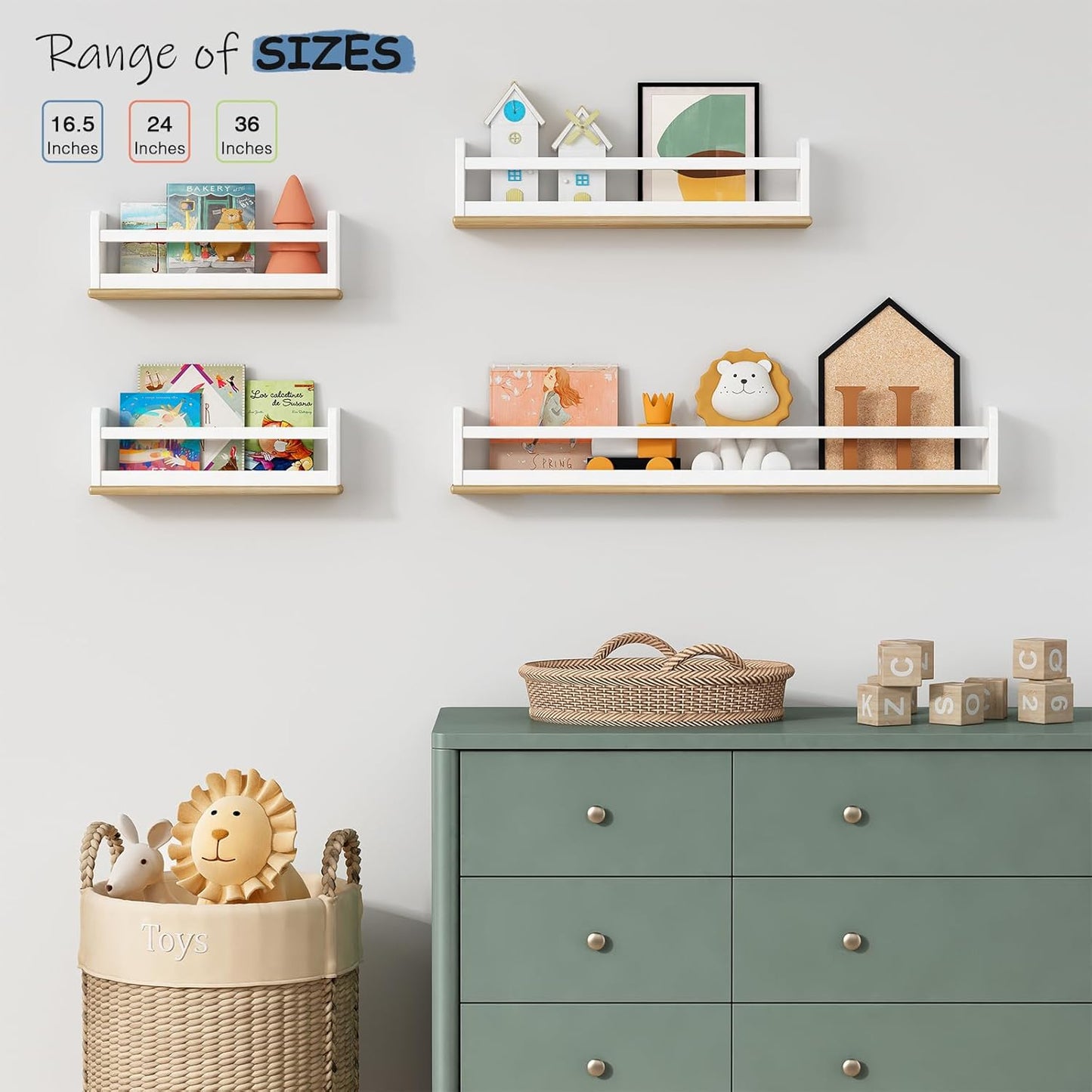 Upgraded Floating Nursery Book Shelves for Wall, White and Natural Kids Bookshelf Wall Mounted, Wood Baby Toddler Children Hanging Bookshelves for Kids Room Bedroom - Set of 3