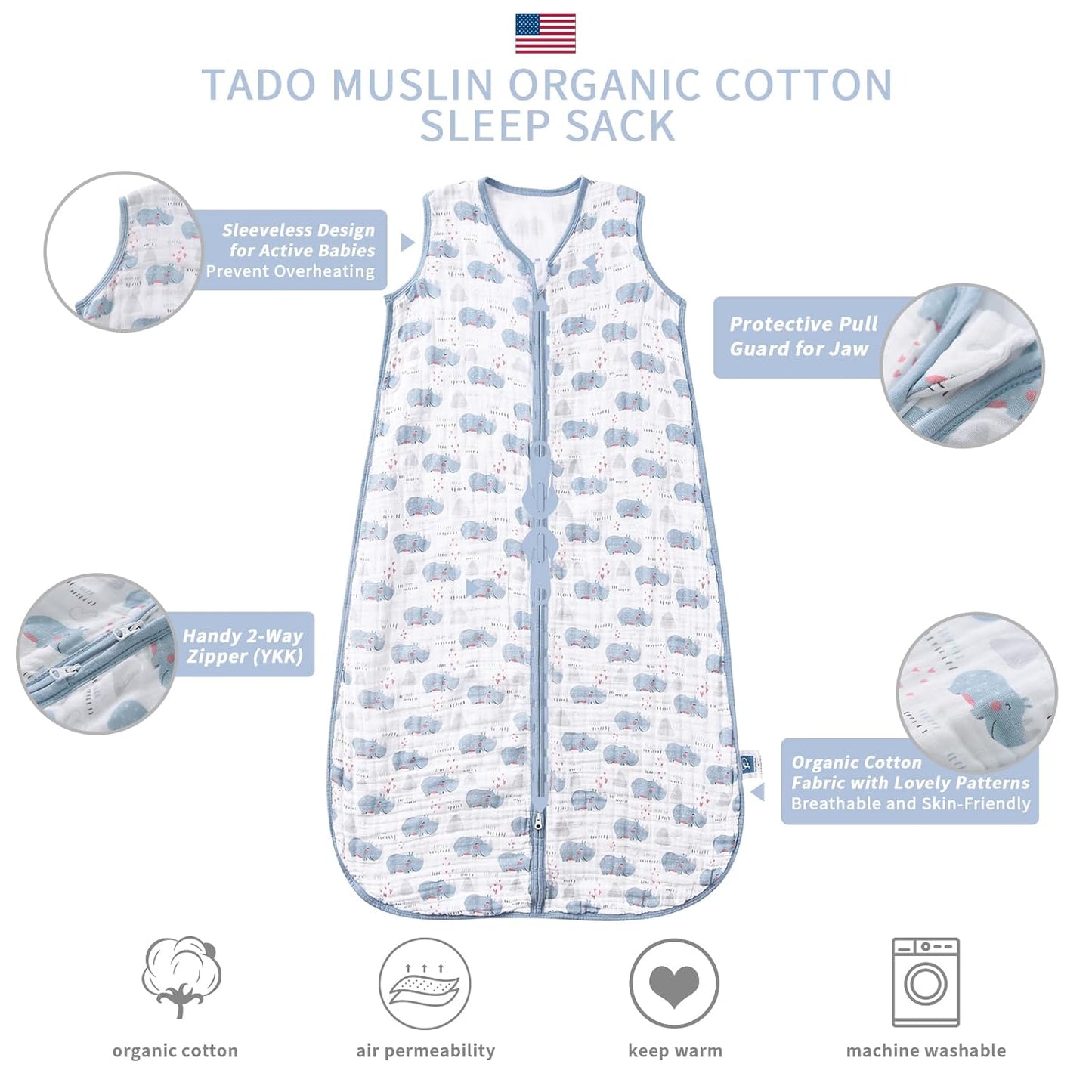 Baby Sleep Sack 12-24 M Baby Wearable Blanket 100% Organic Cotton 0.5 TOG Toddler Sleep Sack 2-Way Zipper Soft Large 4 Layers 1-2 T