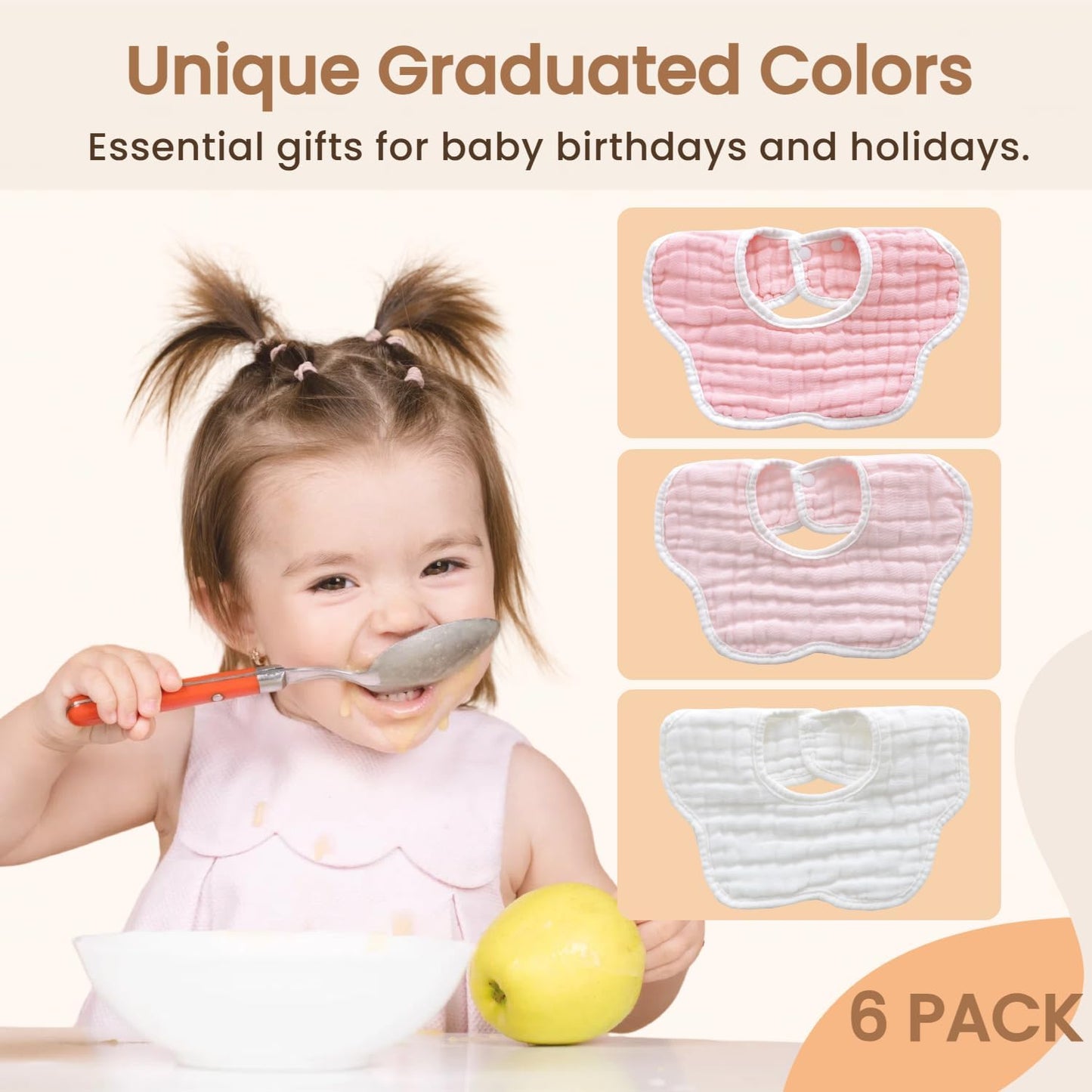 MUKIN Baby Drooling Towel, Snap Bibs, Muslin Bibs, 6 Pack, Adjustable, Soft Cotton