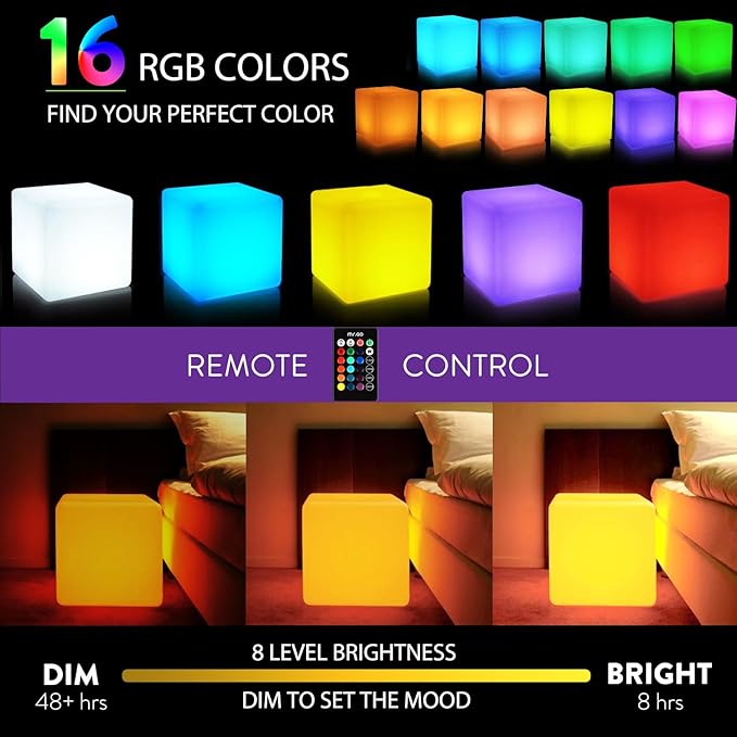 Mr.Go 16-Inch Rechargeable LED Cube Chair Light, 16 RGB Colors Glow Cube Seat w/Remote, Waterproof LED Cube Table, Color Changing Cubes Floor Lamp, Home Bedroom Patio Party Decorative Lighting