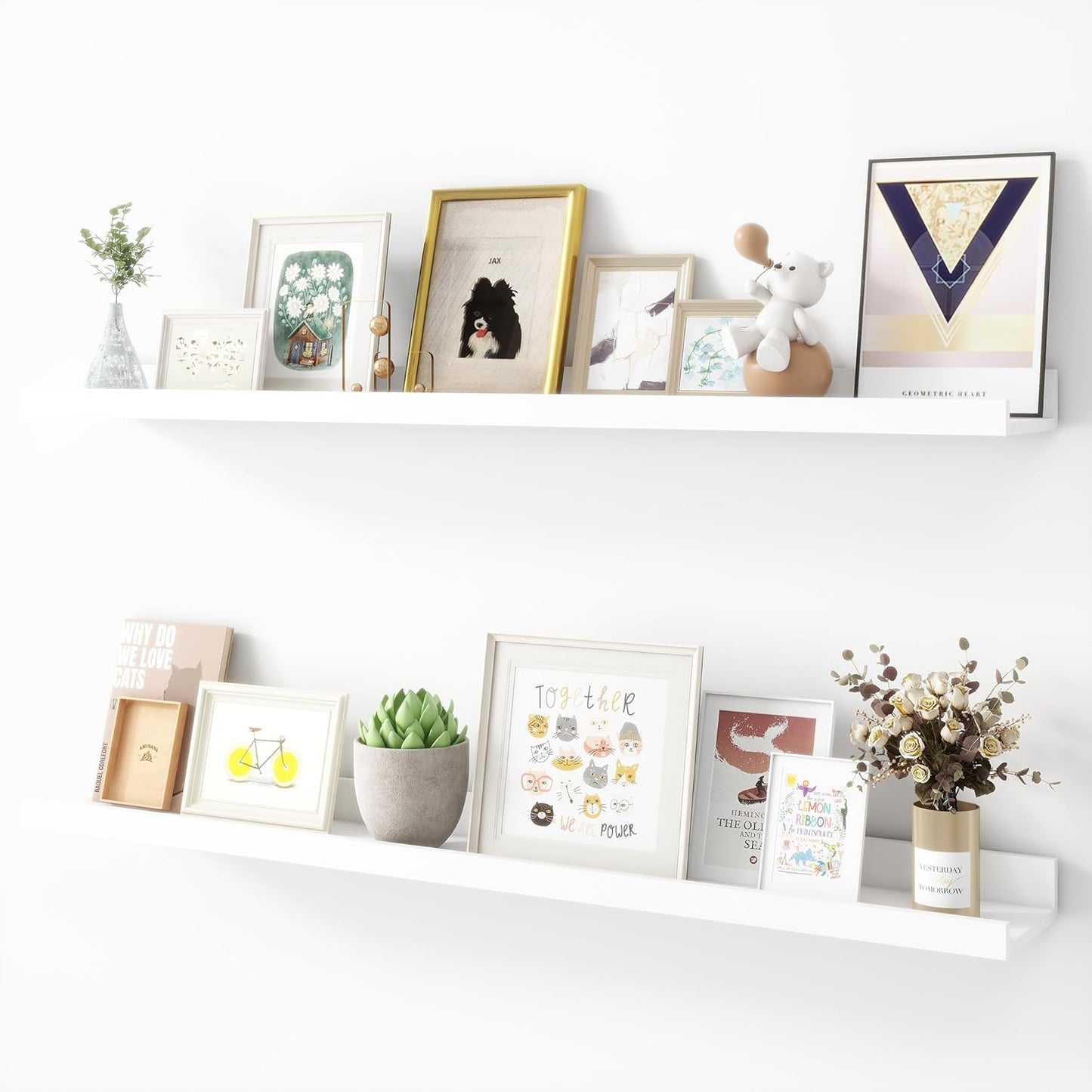 Picture Ledge Shelf, Wood Floating Shelves Set of 2, 36 inch Picture Ledge Shelves, Photo Ledge Nursery Book Shelves Wall Mounted for Living Room Kids' Room Bedroom, Color White