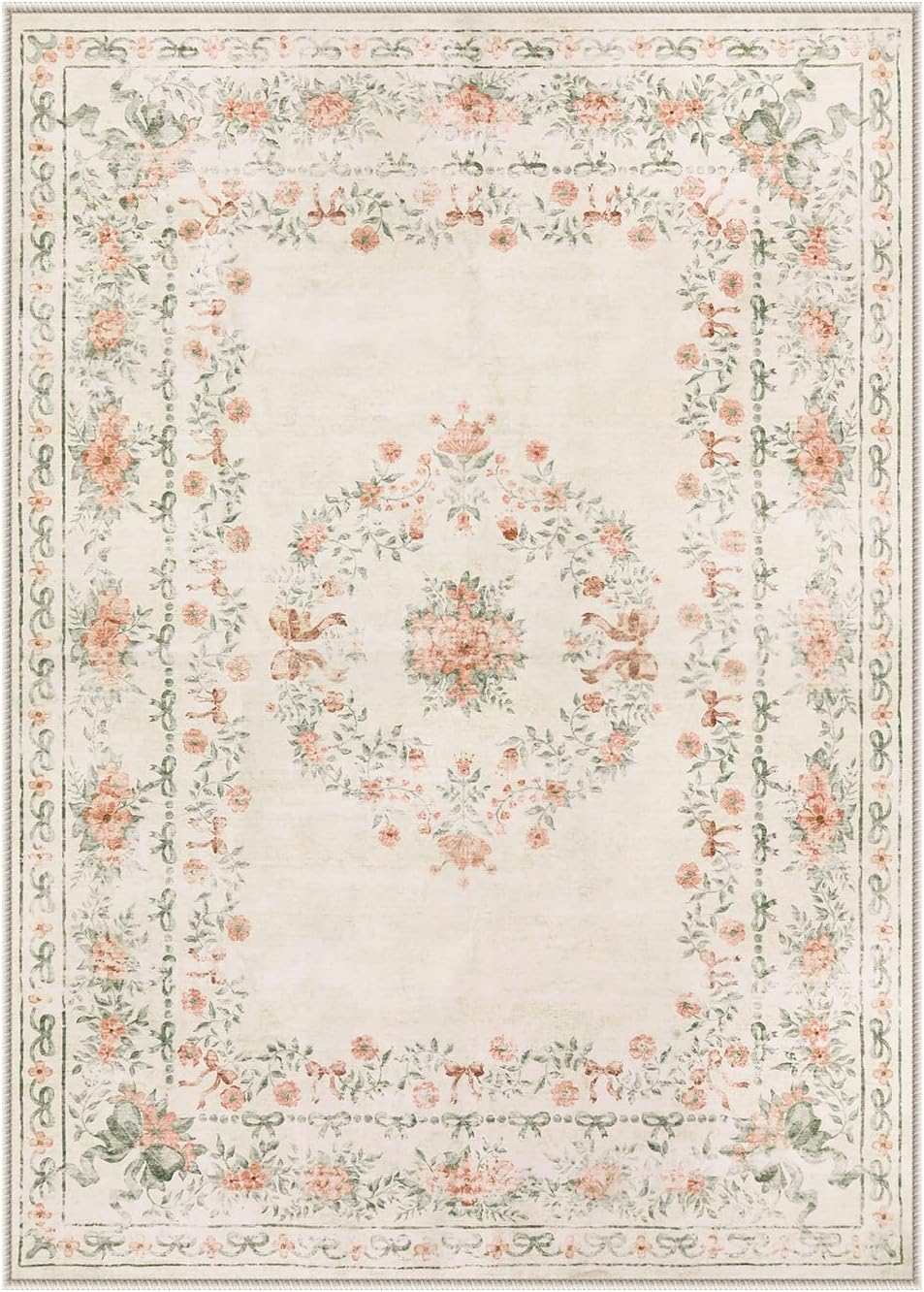 Wonnitar Floral Bow Washable Area Rug 5x7, Ultra-Thin Beige Rugs for Bedroom, Boho Non Shedding Neutral Soft Carpet for Nursey Kids Room Dorm Living Room, Beige