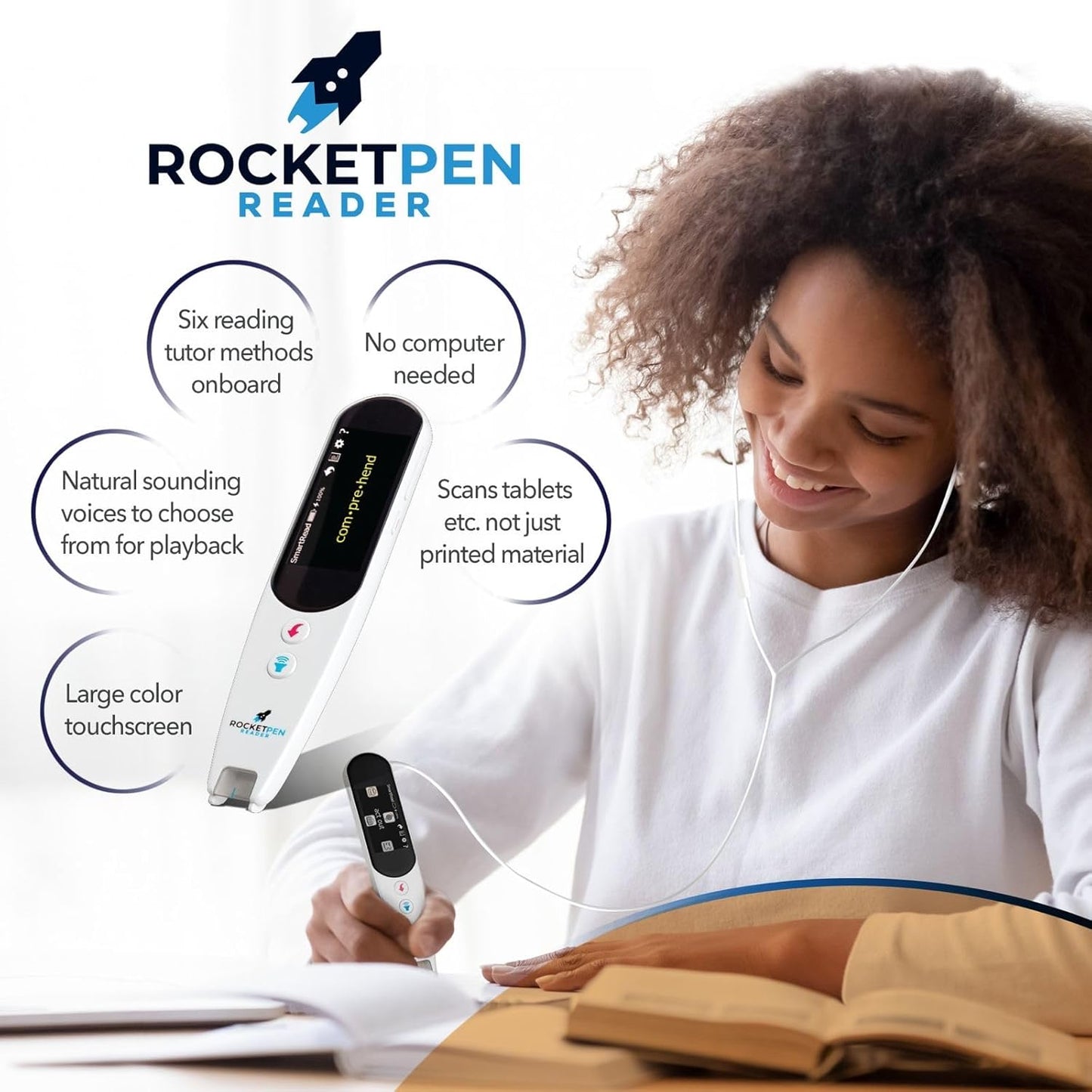 Rocket Pen Reading Tutor + Case - Use Its Six Learning Aids to Make Reading Your New Super Power. Plus: Scan Phone or Tablet Screen to Hear Scanned Text. Self-Contained, No PC Needed