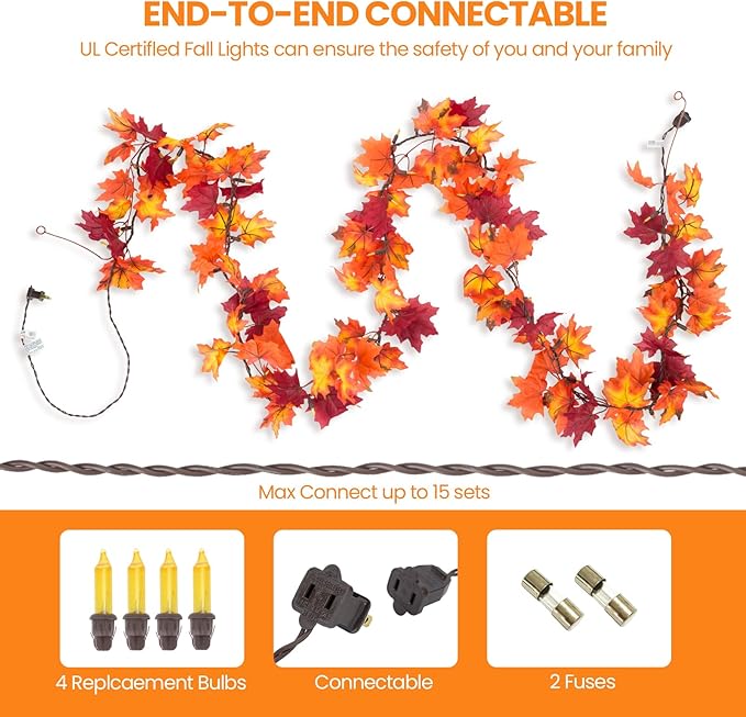 Fall Decor Thanksgiving Decorations for Home Lighted Fall Leaves String Lights, 11FT Thanksgiving Lighted Fall Leaf Garland Lights, 50 Orange Bulbs Lighted Fall Garland with Lights Plug in Outdoor