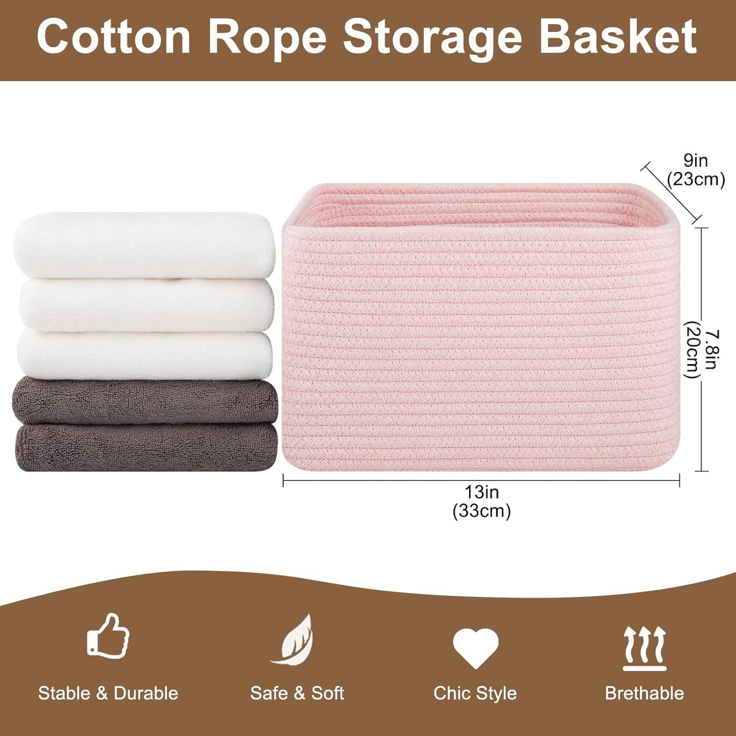 Storage Baskets for Organizing, Woven Decorative Baskets for Shelves - Books, Towels, and Clothes, Cotton Rope Toy Storage Bins, 12.7''Lx9''Wx7.8''H, Pack of 4, Pink