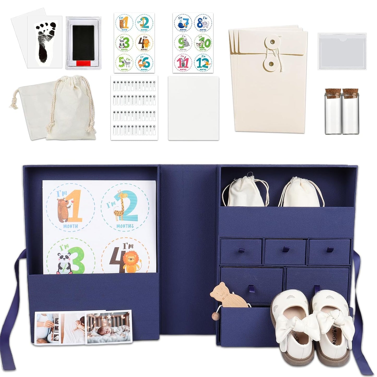 Memory Box for Kids,Baby Keepsake Box, Large Memory Box Drawer-Style Design with 8 Additional Items,Newborn Keepsake Box for Baby Girl & Boy,Gift for Baby Shower, Expecting Moms (Blue)