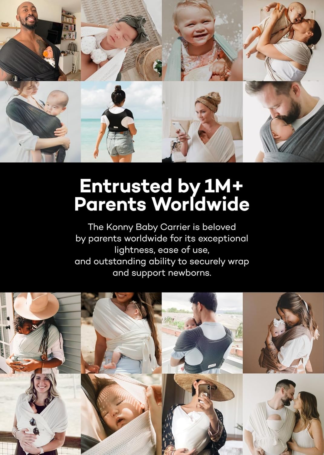 Konny Baby Carrier Flex SoftBreeze with Head Support - Adjustable, Easy to Wear Baby Wrap Sling, Perfect for Newborn Babies Essentials up to 44 lbs (XS-XL) - Melange Grey