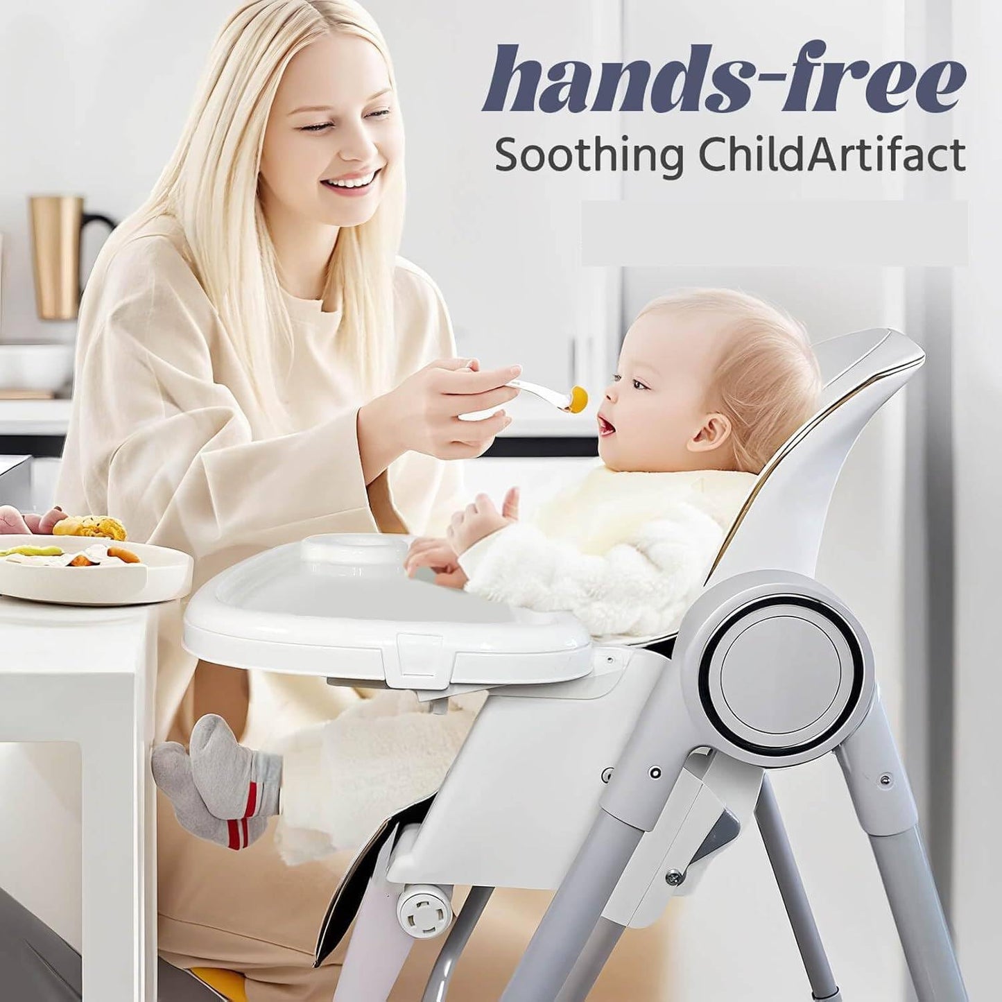 5 in 1 Baby High Chair Swings for Infants Foldable Rocking 8 Level Height Adjustment Eco Friendly Washable PU Cushion(White)