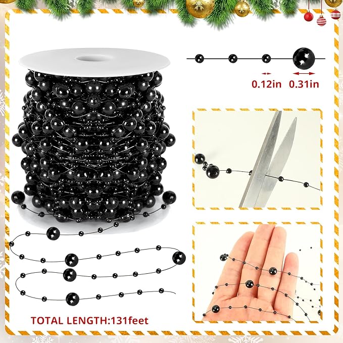 JULBEAR 131Ft Artificial Pearl Beads Garland Decoration, 1Rolls Black Pearl Strands Chain Bead Garland for Gothic Wedding Decor Bouquet Crafts Flower DIY Supplies Christmas Tree Ornaments