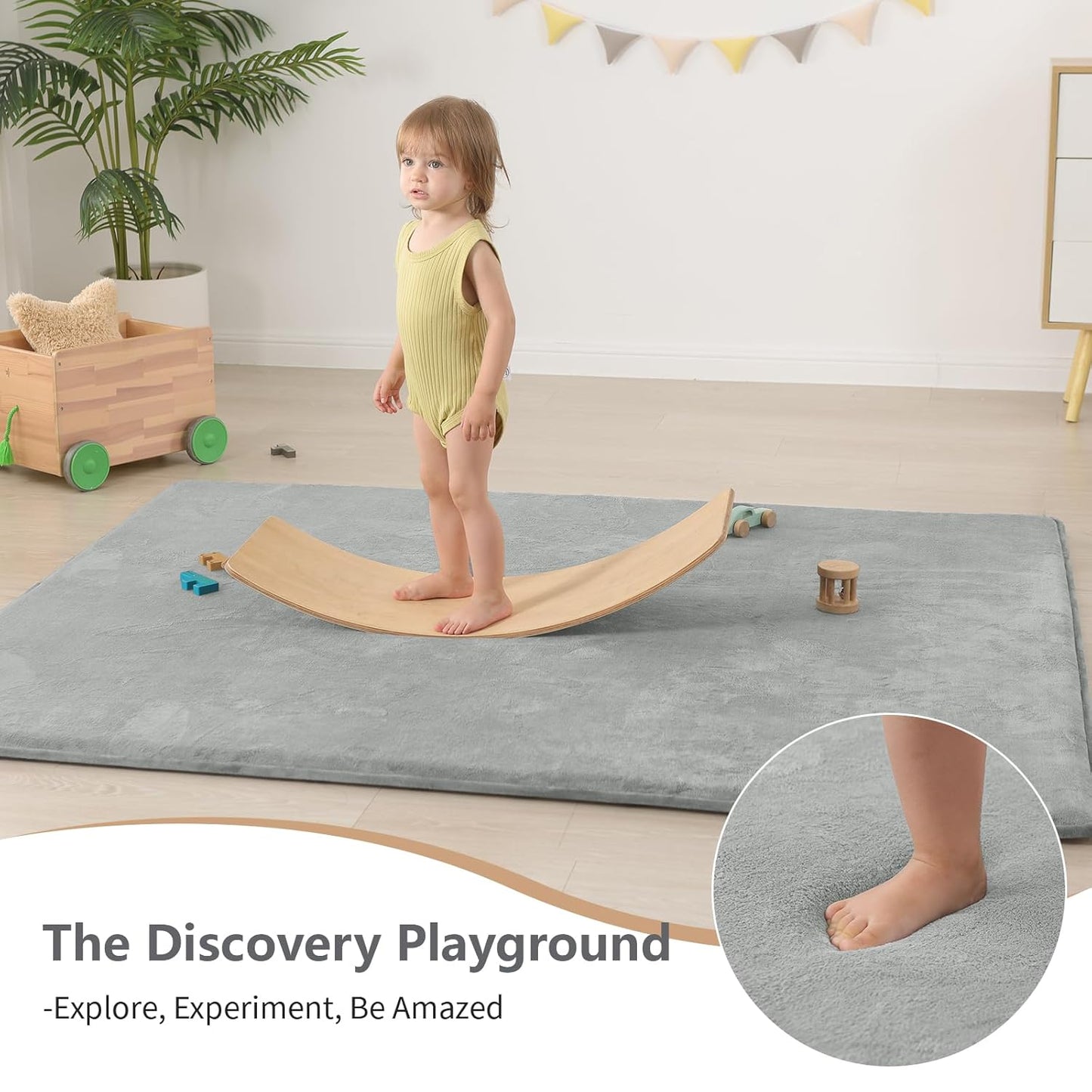 Baby Play Mat for Floor,1.3" Thick Elasti-Foam 50"×74" Playpen Mat for Tummy Time,Water Repellent Soft Coral Velvet for Toddler,Infant,Kids,Non-Slip Backing Safe for Crawling(Light Grey)