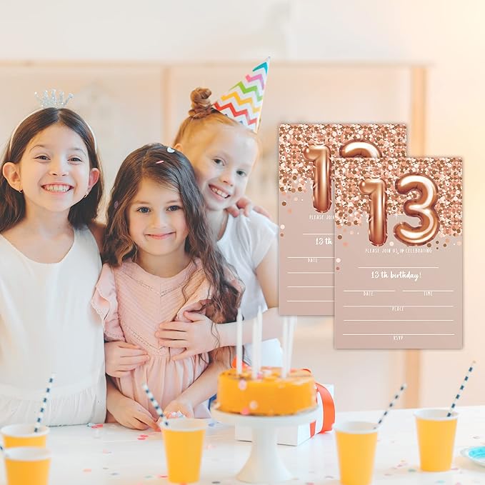 13th Birthday Invitation Cards, Rose Gold Glitter 13th Birthday Party Invites, Kids Happy Birthday Party Decorations Supplies, 20 Fill-in Cards with Envelopes for Boys or Girls Party Celebration - C05